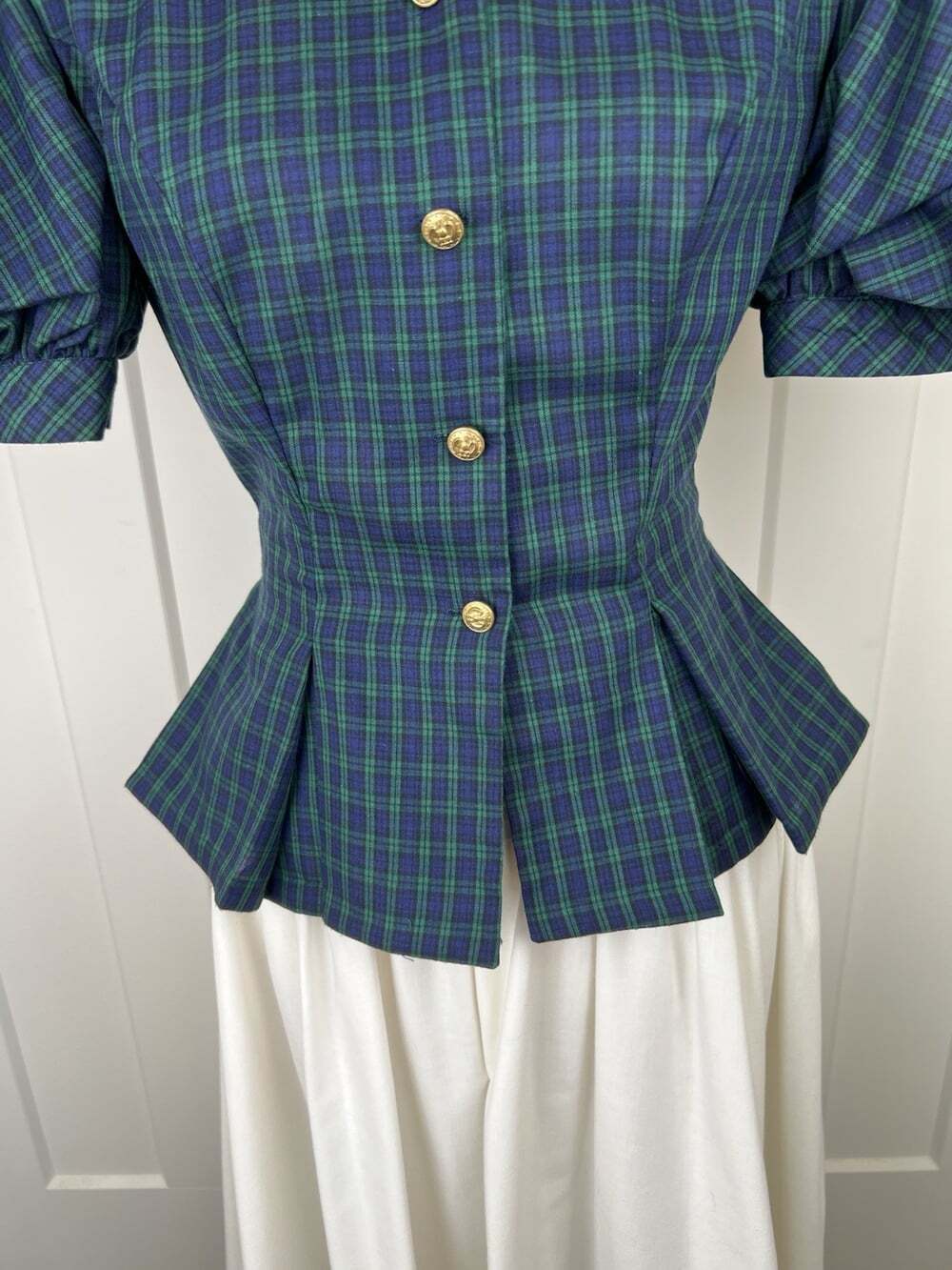 Vintage 80s Leslie Lucks Tartan Plaid Puff Sleeve Peplum Blouse Skirt Set XS - Picture 5 of 16